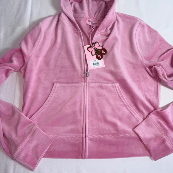 Juicy Couture Tops - Juicy Couture Velour  jacket hoodie Large Rose Pink Rhinestone Logo Y2K